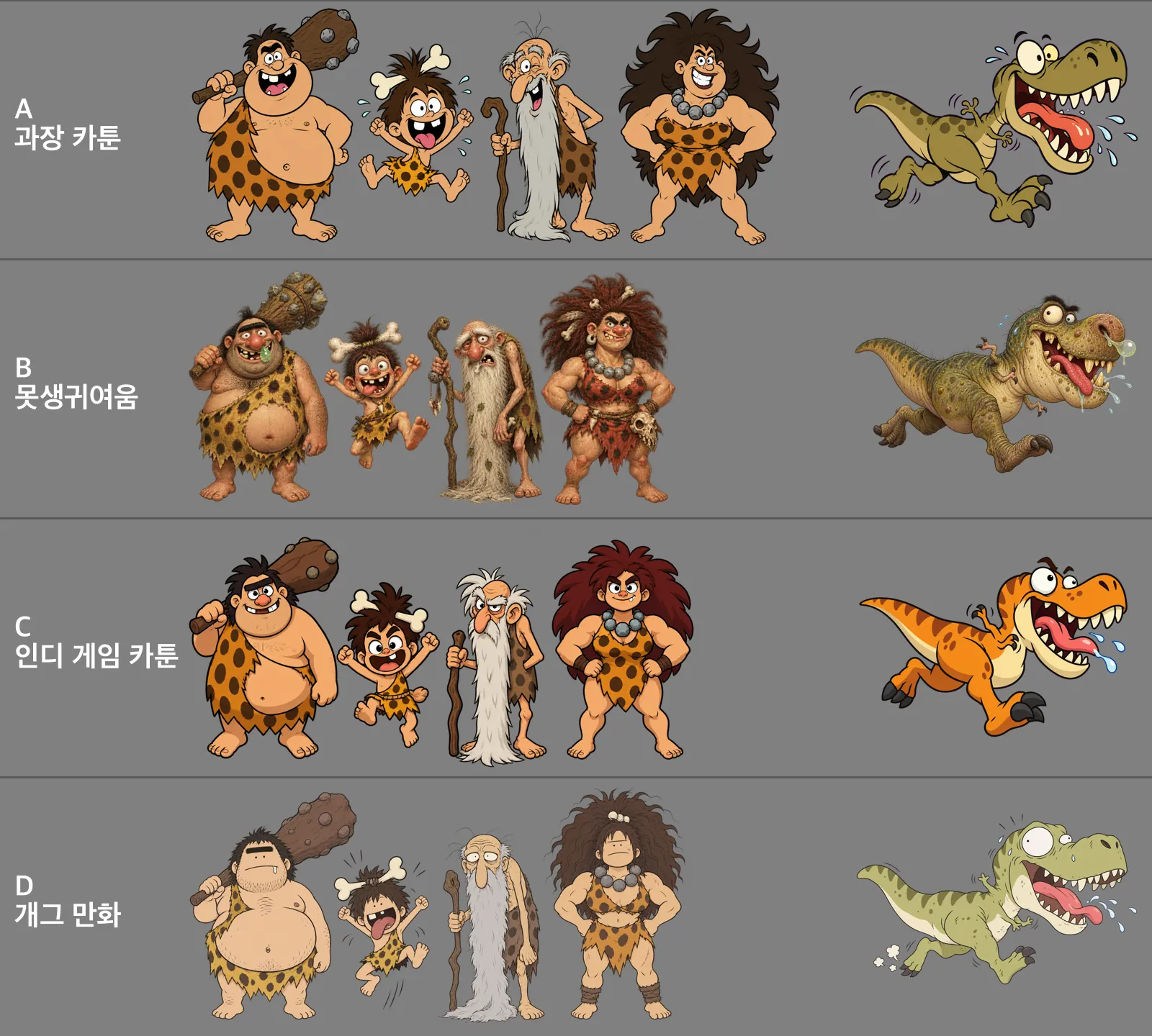 AvoidNow 캐릭터를 과장 카툰, 못생귀여움, 인디 게임 카툰, 개그 만화 네 가지 스타일로 그린 비교표