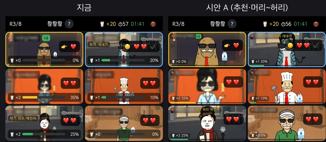 랜선포차 게임 화면 두 개를 나란히 놓은 비교. 왼쪽은 예전 구도로 캐릭터가 칸 안에 작게 서 있고, 오른쪽 시안 A는 캐릭터 얼굴과 상체가 칸을 가득 채운다