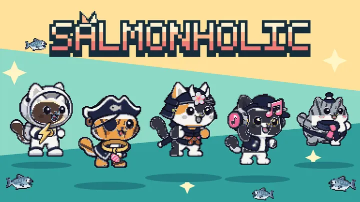 우주비행사·해적·사무라이·디제이·스모 고양이 다섯 마리가 연어 사이에 서 있는 Salmonholic 픽셀아트 대표 이미지