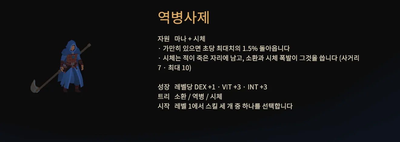 역병사제를 고른 클래스 선택 화면. 마나와 시체 자원 설명
