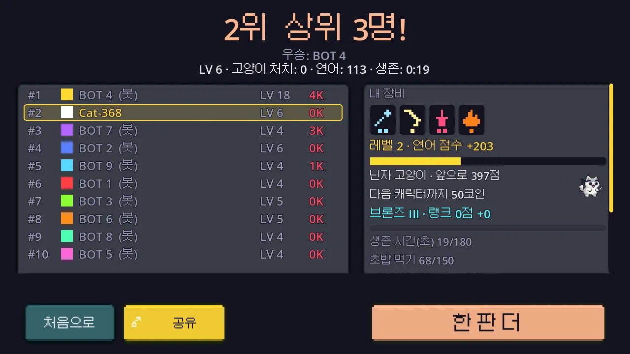 결과 화면 오른쪽에 브론즈 III 랭크 0점과 생존 시간, 초밥 먹기 미션 진행도가 표시된 모습